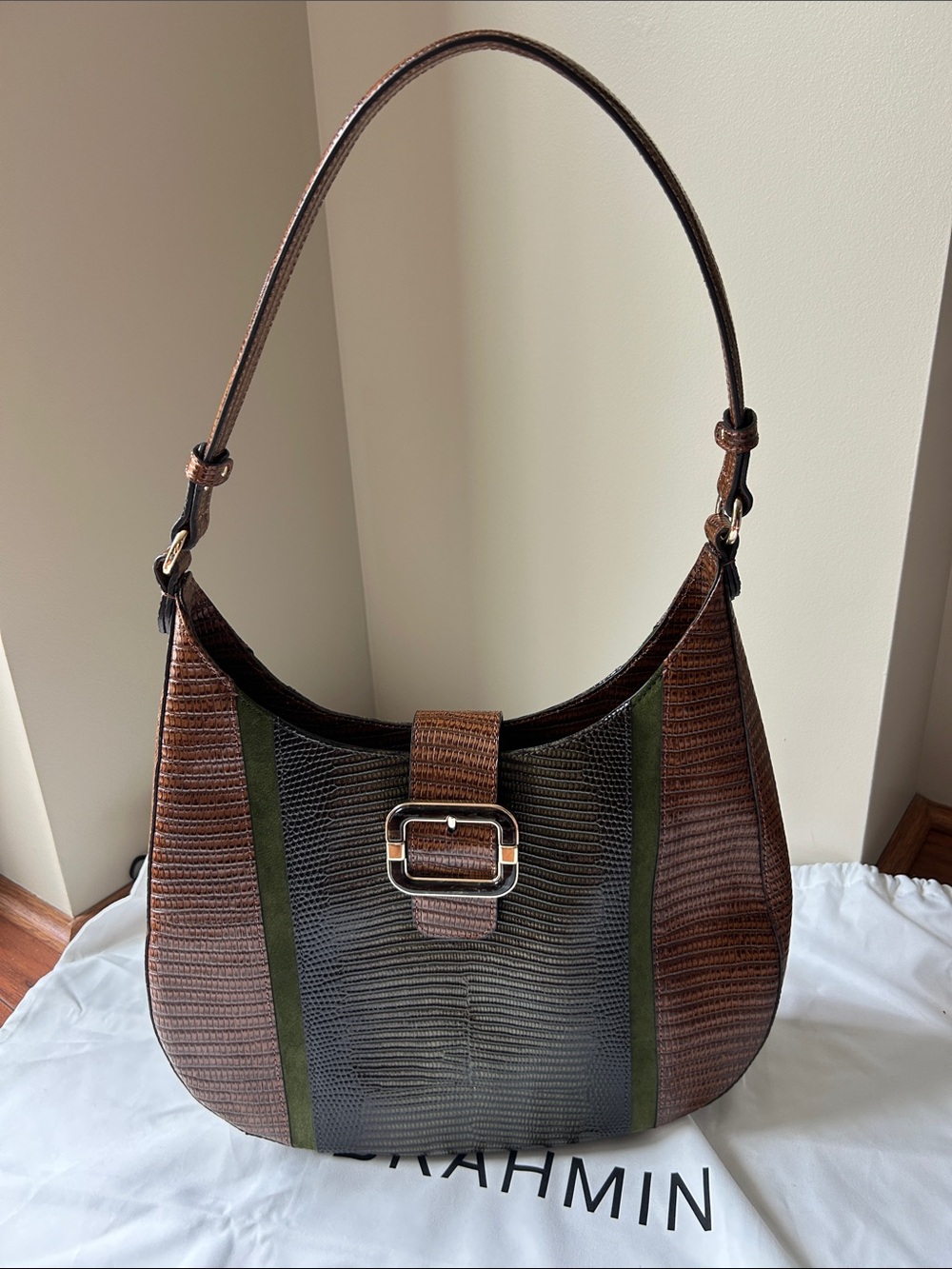 Brahmin Olive & Cognac Embossed Leather Shoulder Hobo Bag